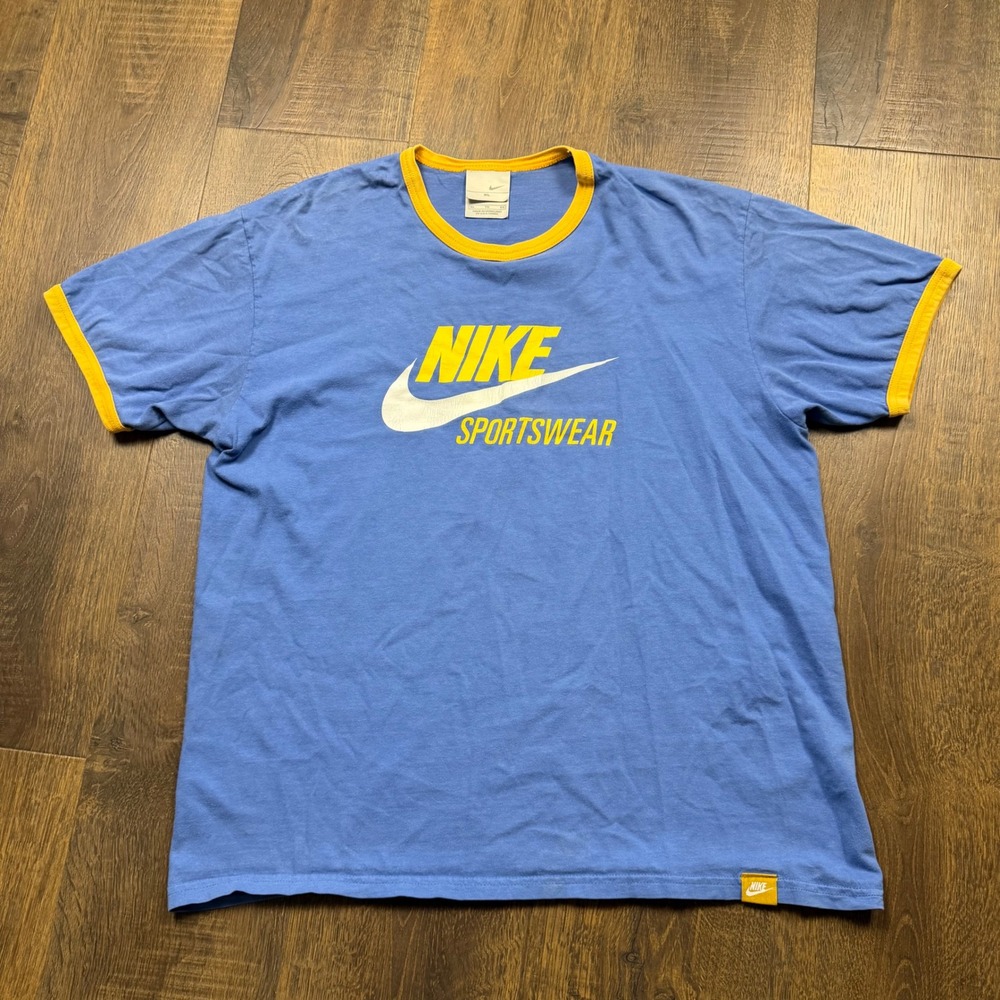 Vintage Y2K Nike Sportswear Ringer T Shirt Mens XL (Fits L) Blue Silver Tag
